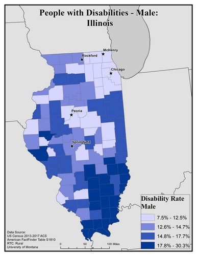 Map of IL showing rates of disability among males. Text description on page. 
