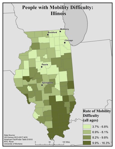 Map of ID showing rates of mobility difficulty. Text description on page.