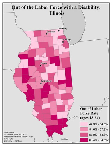 Map of IL showing rates of people with disability out of labor force. Text description on page.