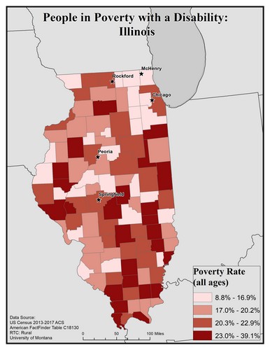 Map of IL showing rates of people with disabilities in poverty. Text description on page.