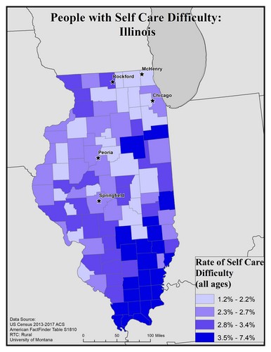 Map of IL showing rates of self-care difficulty. Text description on page.