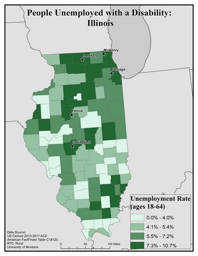 Map of IL showing rates of unemployment for people with disabilities. Text description on page.