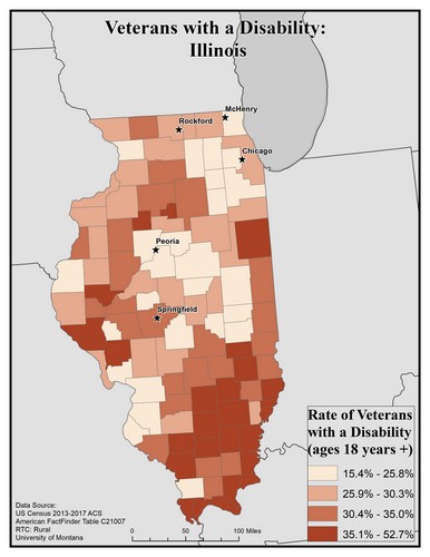 Map of IL showing rates of veterans with disability. Text description on page.