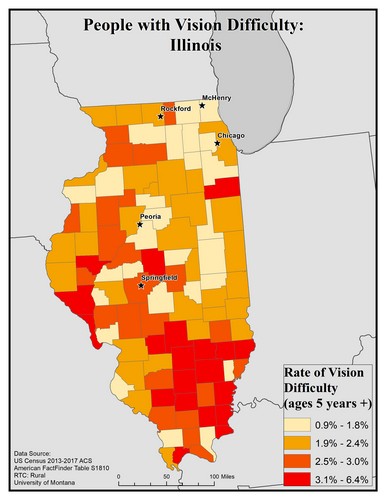 Map of IL showing rates of vision difficulty by county. Text description on page.