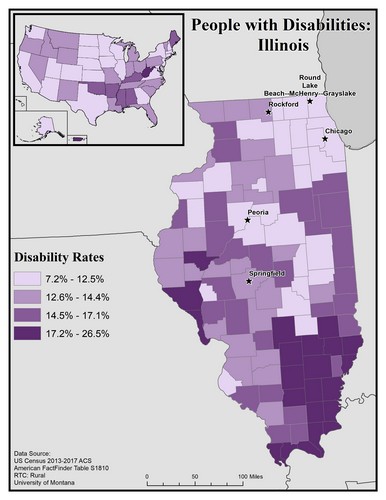 map of IL showing disability rate by county. Text description on page. 