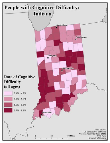 Map of IN showing rates of cognitive difficulty. Text description on page.