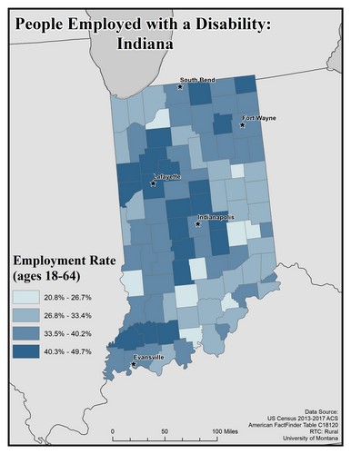 Map of IN showing rates of people with disability employed. Text description on page.