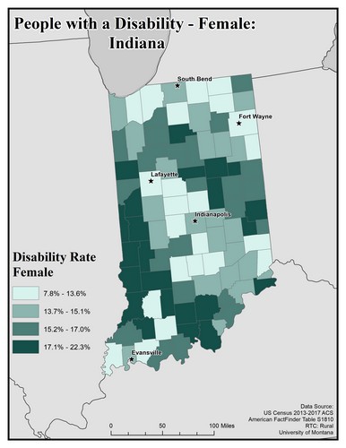 Map of IN showing rates of disability among females. Text description on page. 