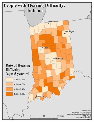 Map of IN showing rates of hearing impairment by county. Text description on page. 