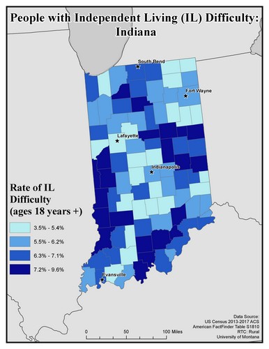Map of IN showing rates of IL difficulty. Text description on page.