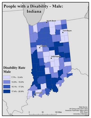 Map of IN showing rates of disability among males. Text description on page. 
