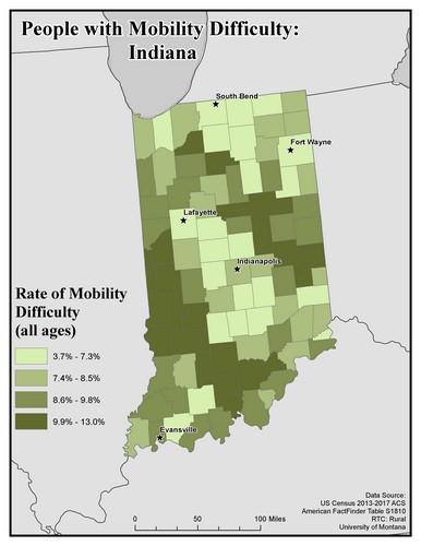 Map of IN showing rates of mobility difficulty. Text description on page.