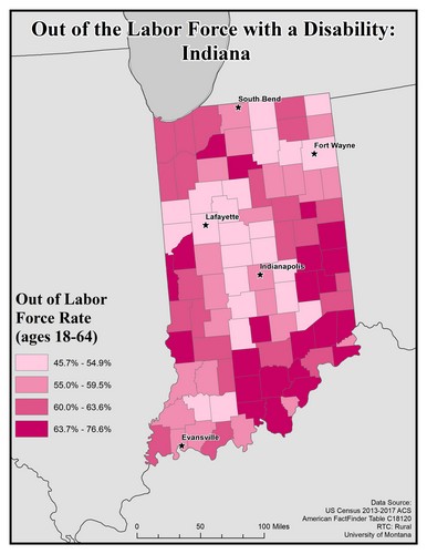 Map of IN showing rates of people with disability out of labor force. Text description on page.