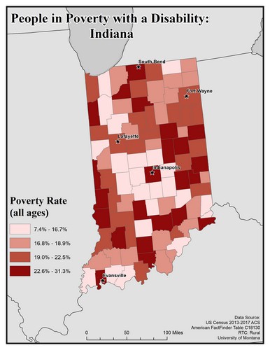 Map of IN showing rates of people with disabilities in poverty. Text description on page.