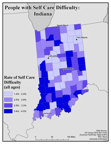 Map of IN showing rates of self-care difficulty. Text description on page.