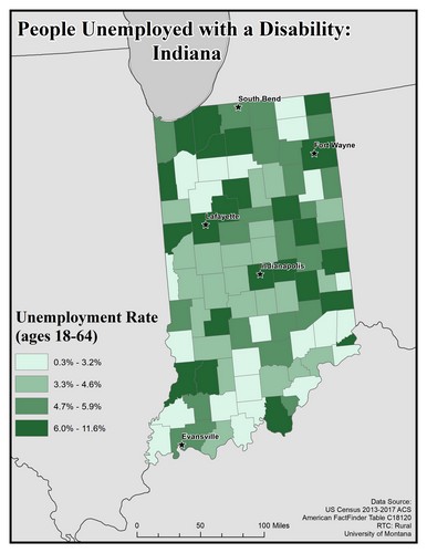 Map of IN showing rates of unemployment for people with disabilities. Text description on page.
