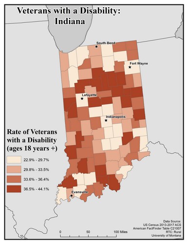 Map of IN showing rates of veterans with disability. Text description on page.