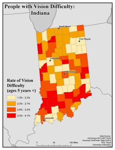 Map of IN showing rates of vision difficulty by county. Text description on page.