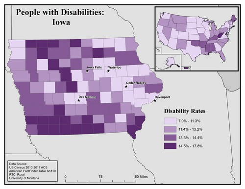 map of IA showing disability rate by county. Text description on page. 