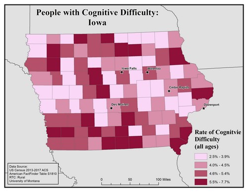 Map of IA showing rates of cognitive difficulty. Text description on page.