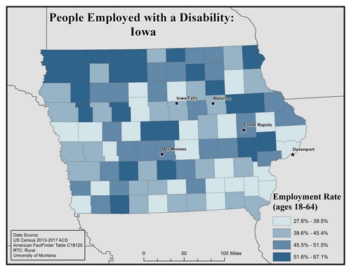 Map of IA showing rates of people with disability employed. Text description on page.