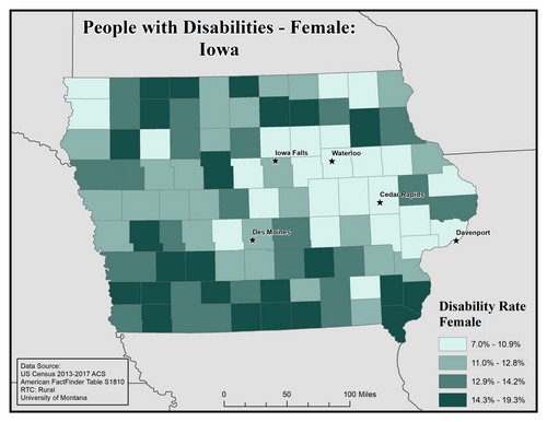 Map of IA showing rates of disability among females. Text description on page. 