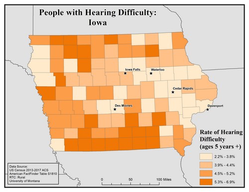 Map of IA showing rates of hearing impairment by county. Text description on page. 