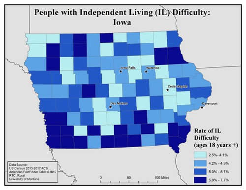 Map of IA showing rates of IL difficulty. Text description on page.