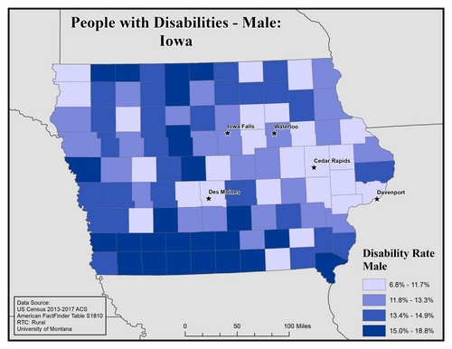 Map of IA showing rates of disability among males. Text description on page. 