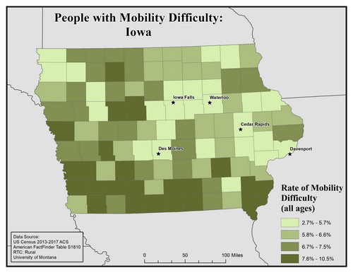 Map of IA showing rates of mobility difficulty. Text description on page.