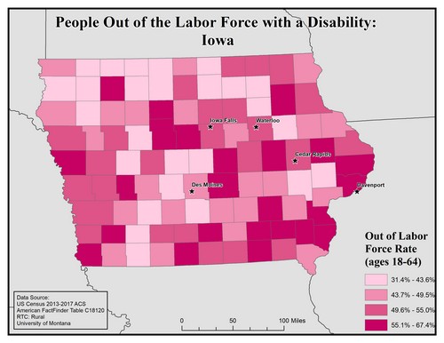 Map of IA showing rates of people with disability out of labor force. Text description on page.