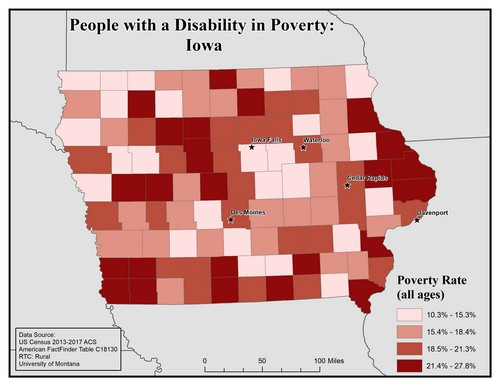 Map of IA showing rates of people with disabilities in poverty. Text description on page.