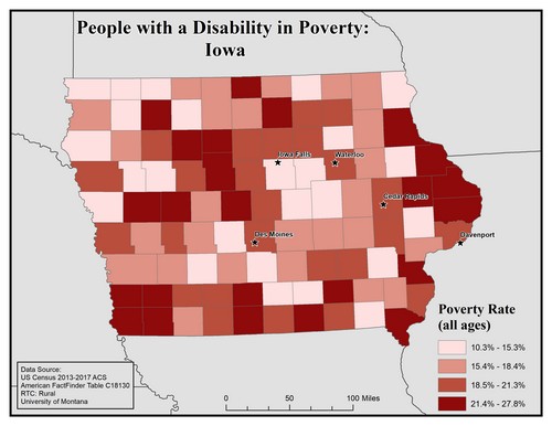 Map of IA showing rates of people with disabilities in poverty. Text description on page.
