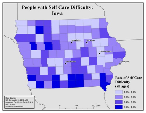 Map of IA showing rates of self-care difficulty. Text description on page.