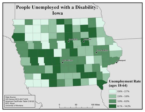 Map of IA showing rates of unemployment for people with disabilities. Text description on page.