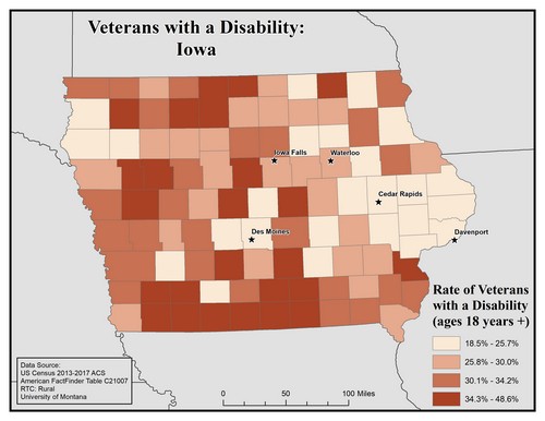 Map of IA showing rates of veterans with disability. Text description on page.