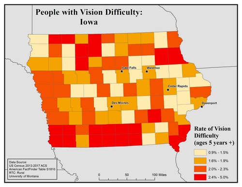 Map of IA showing rates of vision difficulty by county. Text description on page.