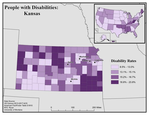 map of KA showing disability rate by county. Text description on page. 