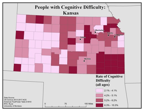 Map of KA showing rates of cognitive difficulty. Text description on page.