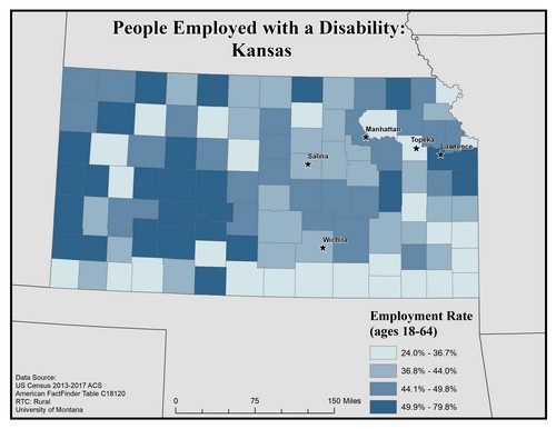 Map of KA showing rates of people with disability employed. Text description on page.