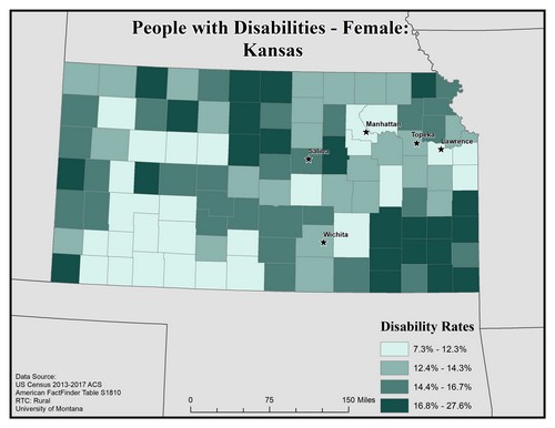 Map of KA showing rates of disability among females. Text description on page. 