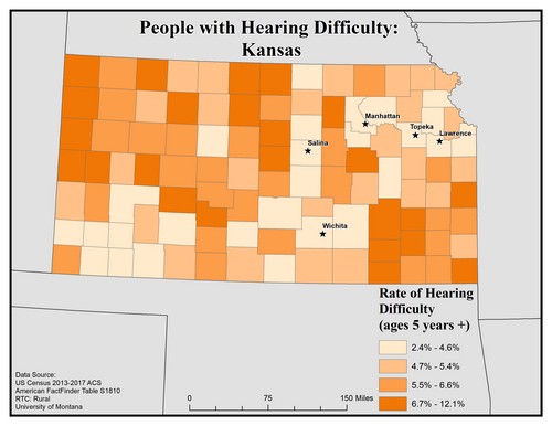 Map of KA showing rates of hearing impairment by county. Text description on page. 