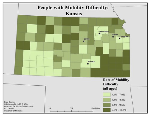 Map of KA showing rates of mobility difficulty. Text description on page.