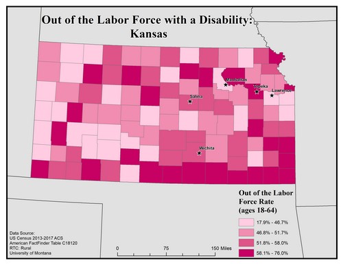 Map of KA showing rates of people with disability out of labor force. Text description on page.