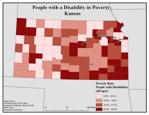 Map of KA showing rates of people with disabilities in poverty. Text description on page.