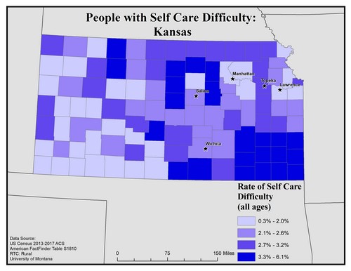 Map of KA showing rates of self-care difficulty. Text description on page.
