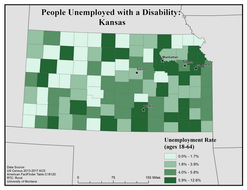 Map of KA showing rates of unemployment for people with disabilities. Text description on page.
