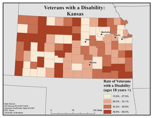 Map of KA showing rates of veterans with disability. Text description on page.