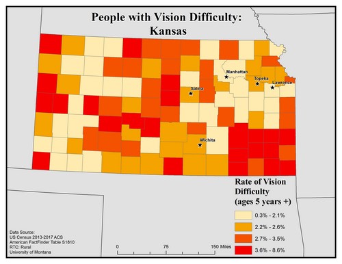 Map of KA showing rates of vision difficulty by county. Text description on page.