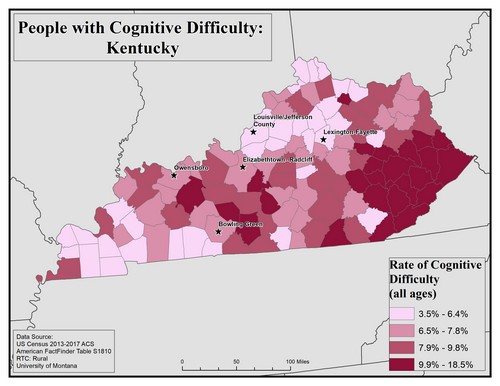 Map of KY showing rates of cognitive difficulty. Text description on page.